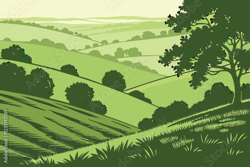 Rolling green hills, lush grass meadow, undulating landscape, verdant countryside, sunlit pastoral scene, vibrant green terrain, serene natural environment, isolated grassland, gentle slopes, tranquil