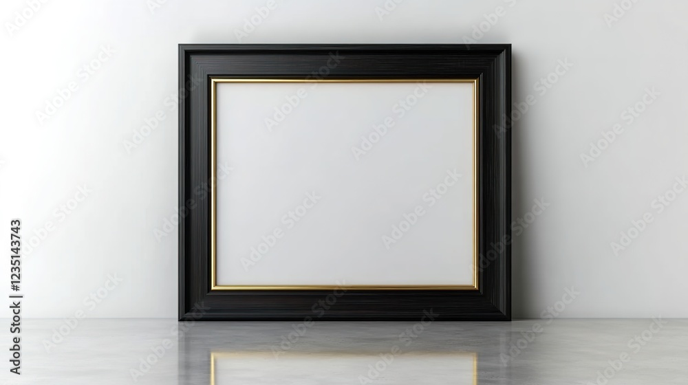 A simple black wooden picture frame with gold edges, standing on the floor against an empty white wall. A simple black wooden picture frame with gold edges, standing on the floor against an empty white wall.