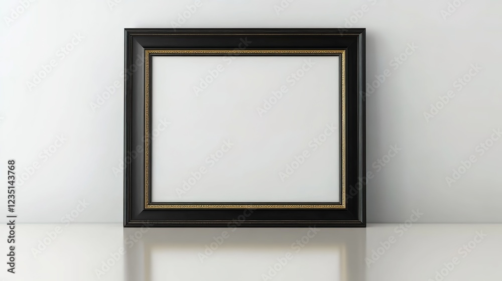 A simple black wooden picture frame with gold edges, standing on the floor against an empty white wall. A simple black wooden picture frame with gold edges, standing on the floor against an empty white wall.