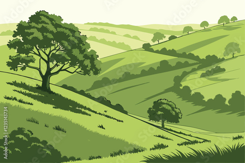 Rolling green hills, lush grass meadow, undulating landscape, verdant countryside, sunlit pastoral scene, vibrant green terrain, serene natural environment, isolated grassland, gentle slopes, tranquil