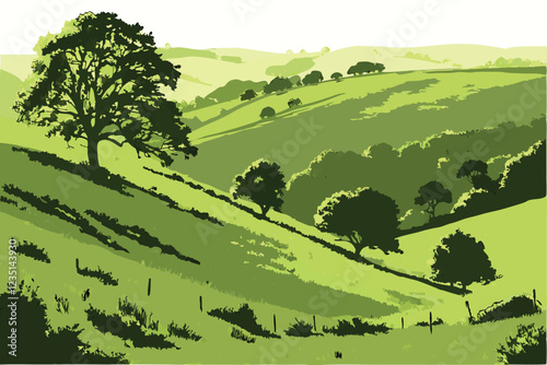 Rolling green hills, lush grass meadow, undulating landscape, verdant countryside, sunlit pastoral scene, vibrant green terrain, serene natural environment, isolated grassland, gentle slopes, tranquil