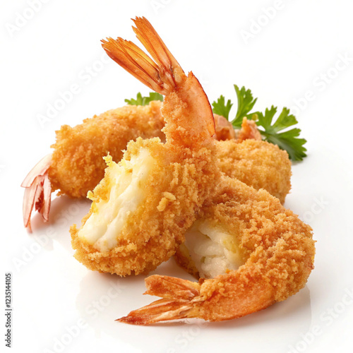 realistic breaded fried shrimp with a white background.