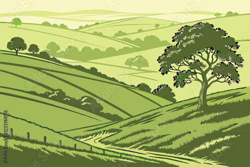 Rolling green hills, lush grass meadow, undulating landscape, verdant countryside, sunlit pastoral scene, vibrant green terrain, serene natural environment, isolated grassland, gentle slopes, tranquil