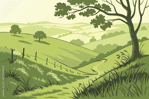 Rolling green hills, lush grass meadow, undulating landscape, verdant countryside, sunlit pastoral scene, vibrant green terrain, serene natural environment, isolated grassland, gentle slopes, tranquil