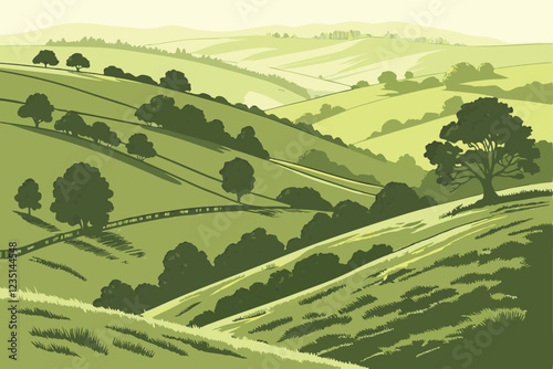 Rolling green hills, lush grass meadow, undulating landscape, verdant countryside, sunlit pastoral scene, vibrant green terrain, serene natural environment, isolated grassland, gentle slopes, tranquil