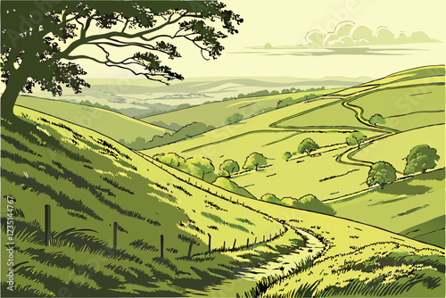 Rolling green hills, lush grass meadow, undulating landscape, verdant countryside, sunlit pastoral scene, vibrant green terrain, serene natural environment, isolated grassland, gentle slopes, tranquil