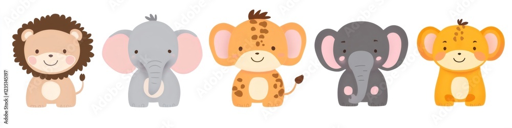 Fototapeta premium Cute lion, elephants and giraffe smiling together, adorable safari animals illustration