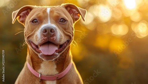 A cheerful Staffordshire Bull Terrier Pit Bull hybrid dog with a red Martingale collar photo