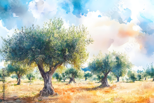 Olive tree adorned countryside in watercolor style concept. Olive grove in Greece