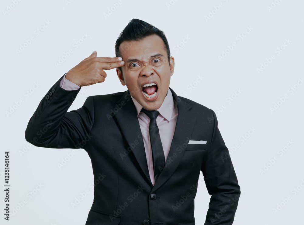Angry Asian boss manager businessman in black suit, isolated over white background. Angry Asian boss manager businessman in black suit, isolated over white background.