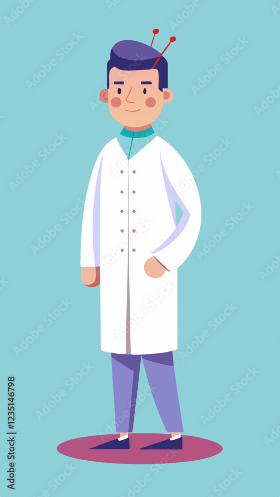 Acupuncturist smiling in a lab coat against a turquoise background Acupuncturist smiling in a lab coat against a turquoise background
