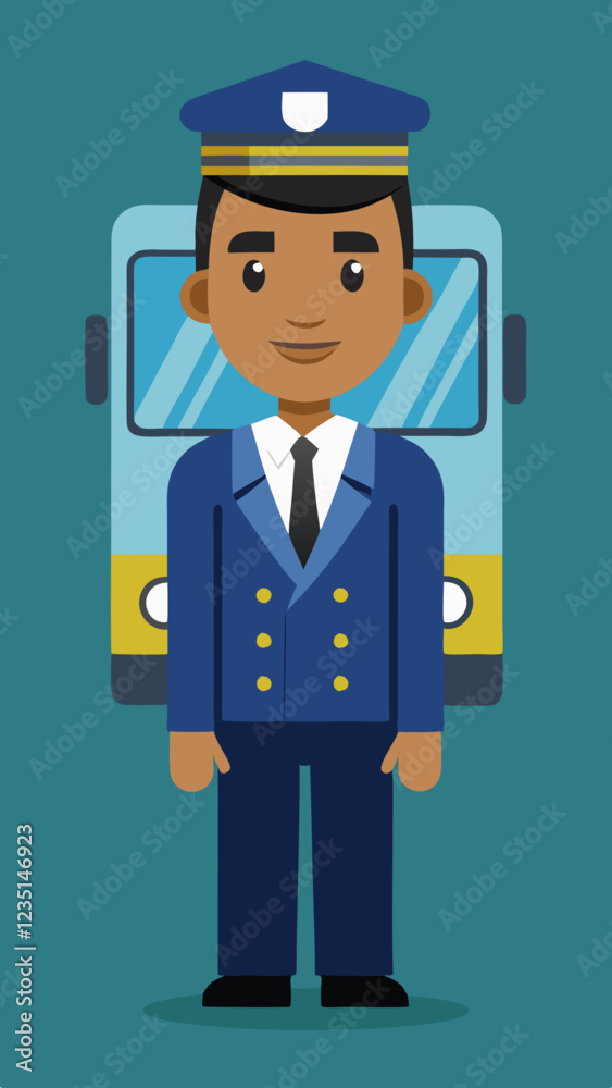 Bus Driver standing confidently in front of a colorful bus Bus Driver standing confidently in front of a colorful bus