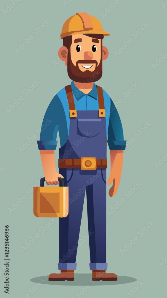 Carpenter smiling with toolbox against green background Carpenter smiling with toolbox against green background