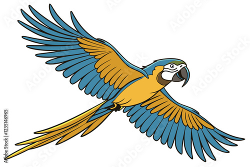  Vibrant macaw in flight, spread wings, blue and gold feathers, tropical parrot, dynamic pose, colorful plumage, exotic bird, detailed feathers, white background, photorealistic, high-resolution, natu