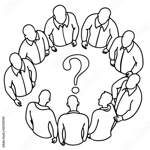 Illustration of a group of people surrounding a central figure with a question mark, representing inquiry and discussion concept
