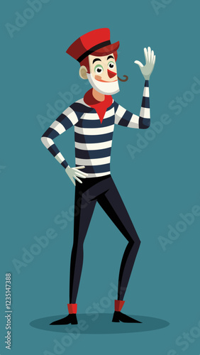 Mime character waving with a cheerful expression against a teal background