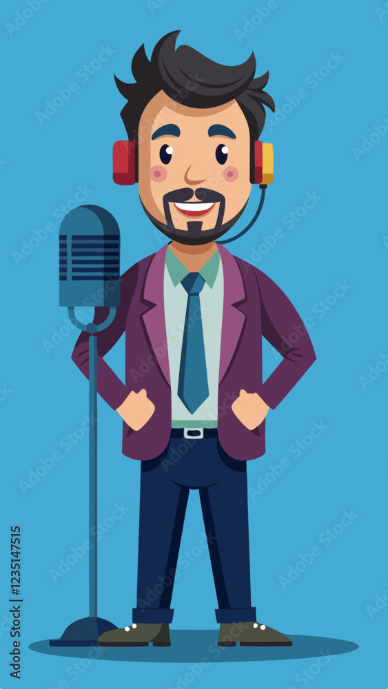 Radio Host smiling with microphone on blue background
