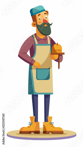 Shoemaker holding tool with a thoughtful expression
