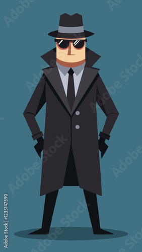 Spy character in black suit standing confidently against blue background