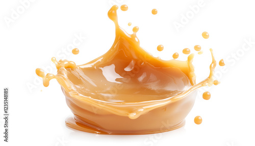 Caramel sauce splash isolated on white background, liquid syrup splash, caramel sugar candy or melted caramel