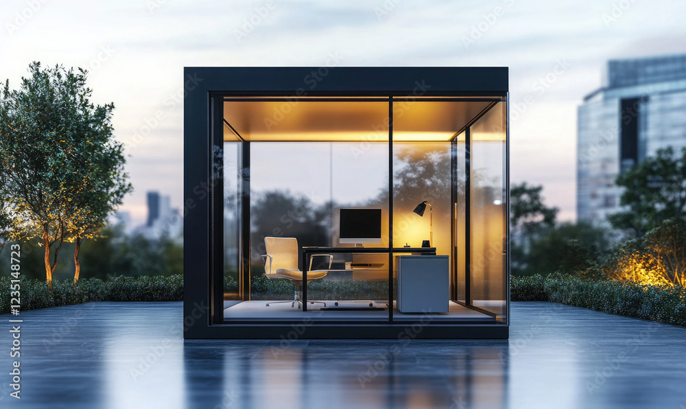 Fototapeta premium Modern Glass Office Pod with Minimalist Design in an Urban Setting