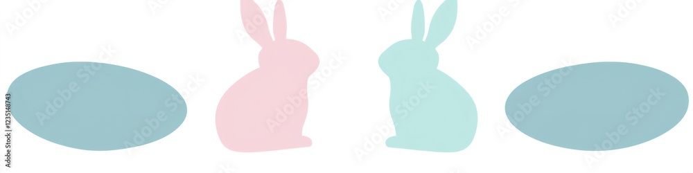 Two pastel bunnies sitting between easter eggs minimalist design Two pastel bunnies sitting between easter eggs minimalist design