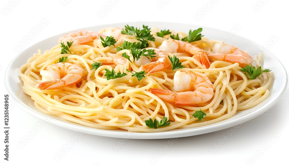 Tasty spaghetti with shrimps and parsley on plate, closeup Tasty spaghetti with shrimps and parsley on plate, closeup