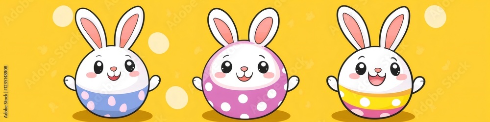 Three cute easter bunnies celebrating with colorful polka dot eggs