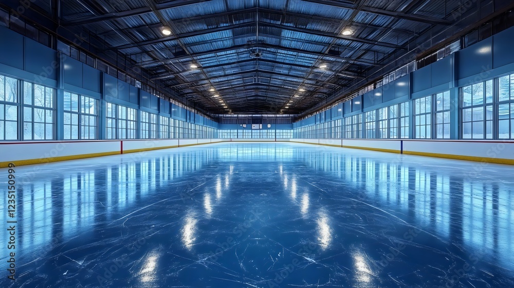 Fototapeta premium A large ice rink with a blue roof and a white roof