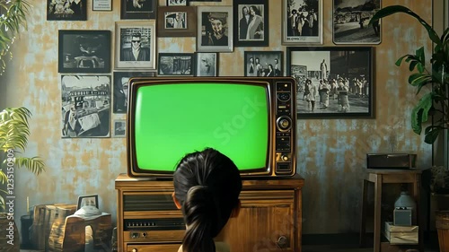 Woman Watching Retro TV Green Screen Vintage Room Nostalgia