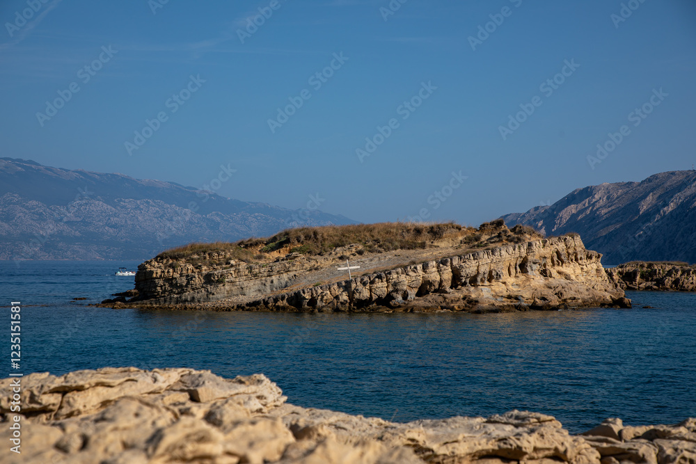 View of scenic landscape with rocks and sea on the Adriatic Sea, Croatia
