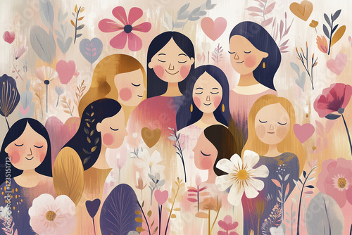 Celebrating women’s unity and strength, this illustration showcases a diverse group of women standing together, embracing friendship, empowerment, and solidarity in a vibrant, floral setting for Inter photo