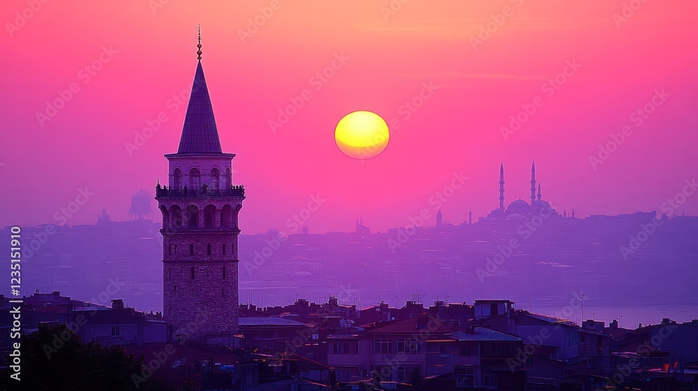 Obraz premium Istanbul Tower Sunrise, city skyline, mosque silhouettes