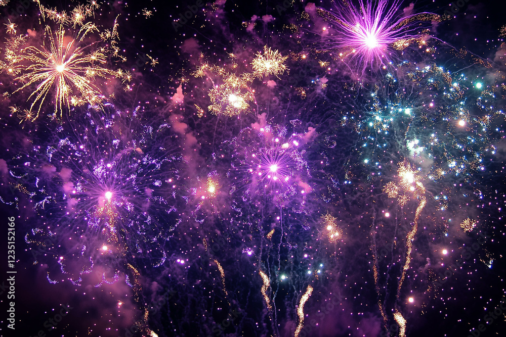 Fototapeta premium Colorful fireworks background. Bright holiday celebration poster with sparkles and flashes, festival anniversary party banner design