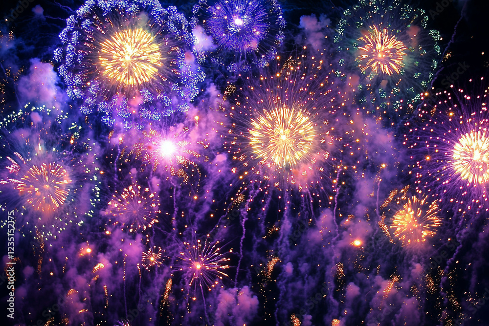 Obraz premium Firework background. Holiday night sky with colorful festive fireworks, celebration event with bright explosion and sparkling lights