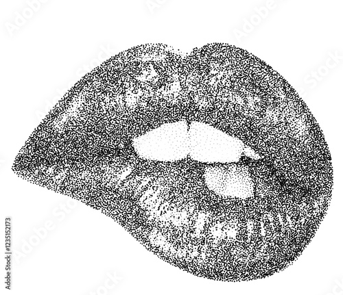 Seduce lips with halftone stipple effect, perfect for grunge punk collages. Vintage photocopy-style vector with grainy textures and noisy dotwork for a bold, distressed look.