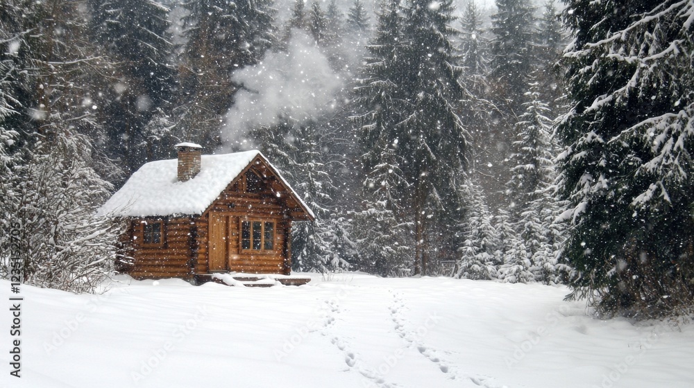 A rustic wooden cabin sits surrounded by tall evergreen trees, blanketed in fresh snow. Smoke rises from the chimney, enhancing the winter atmosphere A rustic wooden cabin sits surrounded by tall evergreen trees, blanketed in fresh snow. Smoke rises from the chimney, enhancing the winter atmosphere