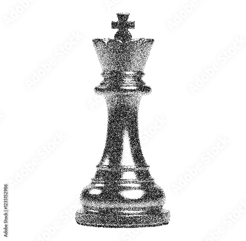 King chess piece with halftone stipple effect for grunge punk collage design. Vintage photocopy-style vector with grainy textures and noisy gradation dotwork, creating a bold, edgy aesthetic.