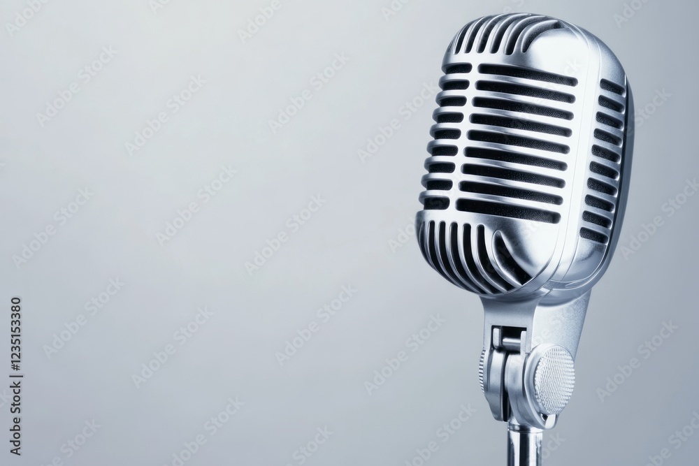 Fototapeta premium Retro style microphone broadcasting on gray background