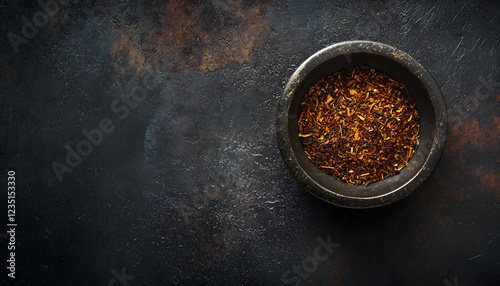 Dried rooibos tea in cstone bowl over black metal background, natural light photo