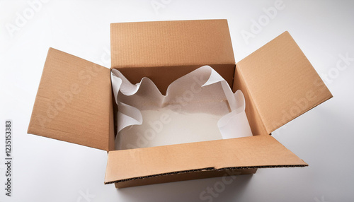 amazon prime cardboard box open with wrapping paper on white background