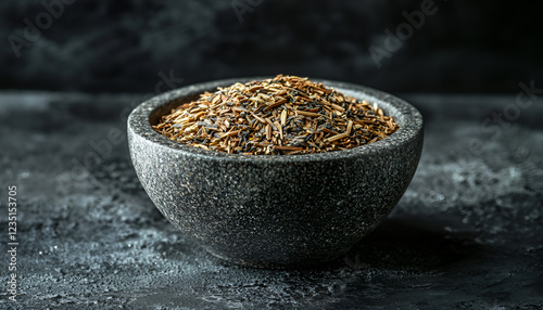 Dried rooibos tea in cstone bowl over black metal background, natural light photo