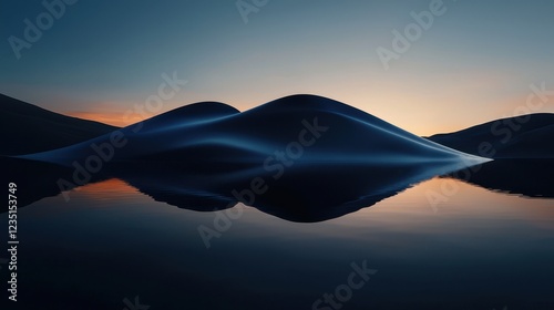 Soft, curving sand dunes rise against a twilight sky, their outlines mirrored in still water. The tranquil atmosphere evokes a sense of peace and wonder at days end photo