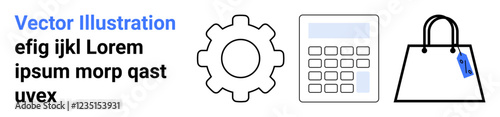 Gear, calculator, and shopping bag with a tag form a minimal composition representing tools, finance, purchasing, e-commerce, development, organization and retail. Ideal for flat landing page banner