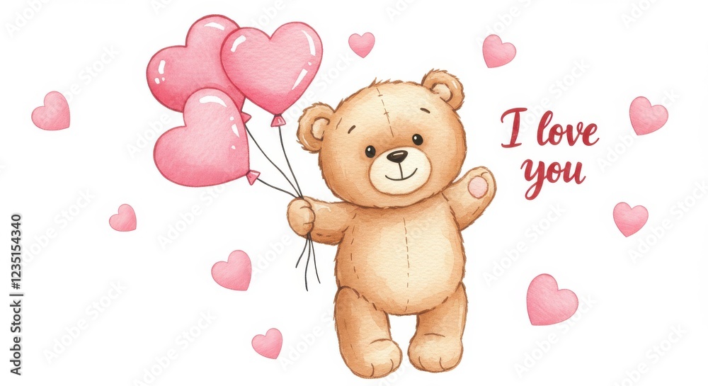 A watercolor illustration of a cute teddy bear holding three pink heart-shaped balloon seems floating in the air with the words I love you written in red font at the bottom several pink hearts A watercolor illustration of a cute teddy bear holding three pink heart-shaped balloon seems floating in the air with the words I love you written in red font at the bottom several pink hearts