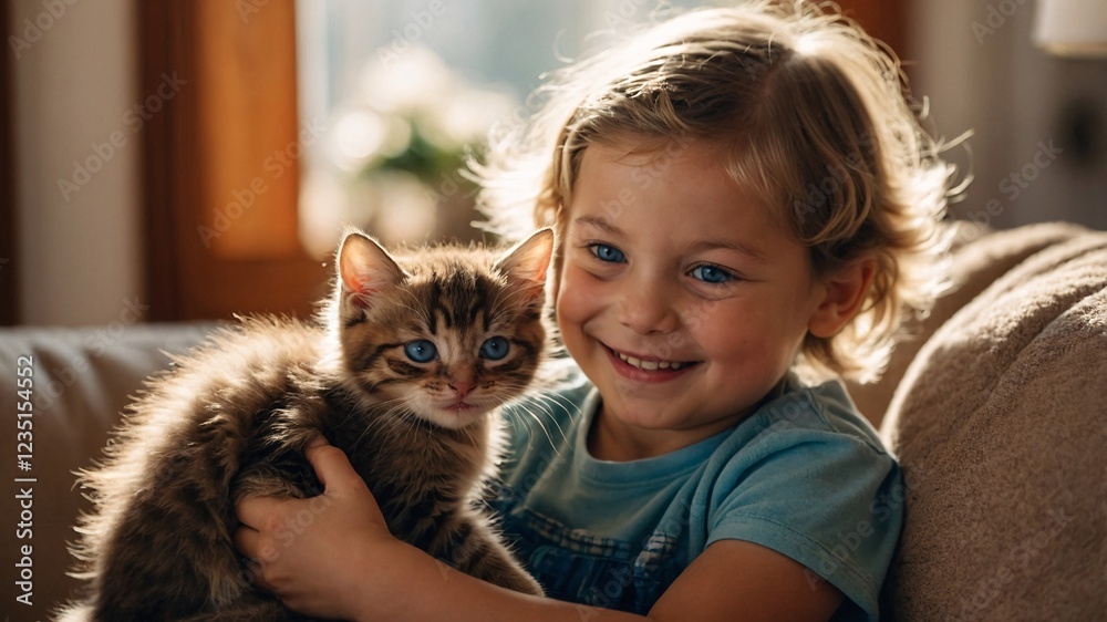 Joyful moments shared between a young child and a fluffy kitten enjoying a cozy afternoon at home filled with warmth and laughter Joyful moments shared between a young child and a fluffy kitten enjoying a cozy afternoon at home filled with warmth and laughter