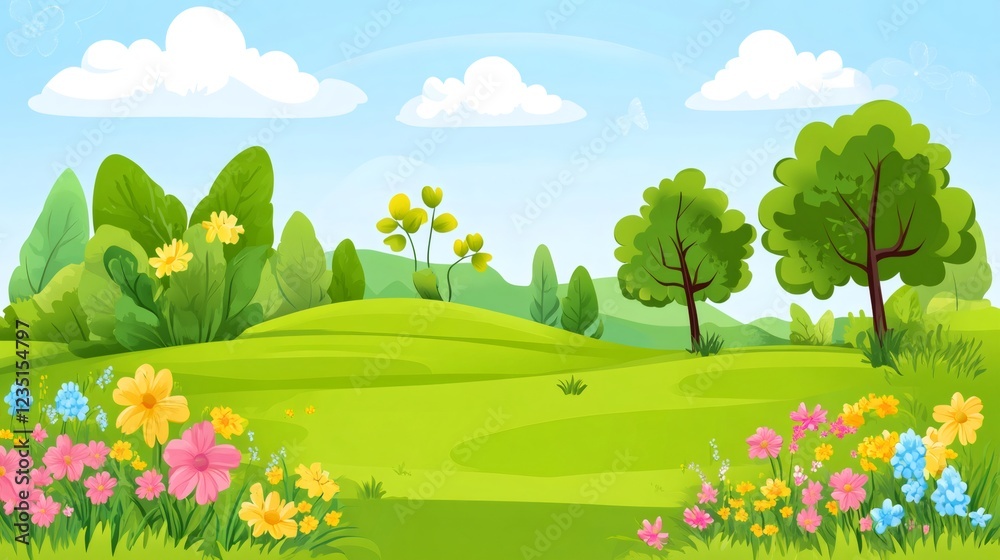 Fototapeta premium Blooming flowers and lush green meadow create idyllic spring landscape