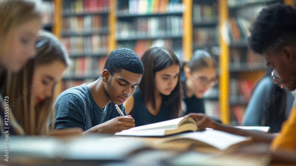 A multicultural group of students studying together in a university library, symbolizing diversity and academic collaboration, Modern lifestyle scene A multicultural group of students studying together in a university library, symbolizing diversity and academic collaboration, Modern lifestyle scene