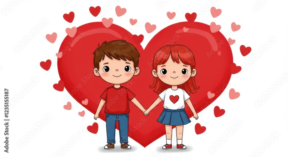 A cartoon illustration two young children holding hands in front of a large red heart the background is filled with small pink hearts creating a romantic atmosphere young love valentine's day A cartoon illustration two young children holding hands in front of a large red heart the background is filled with small pink hearts creating a romantic atmosphere young love valentine's day