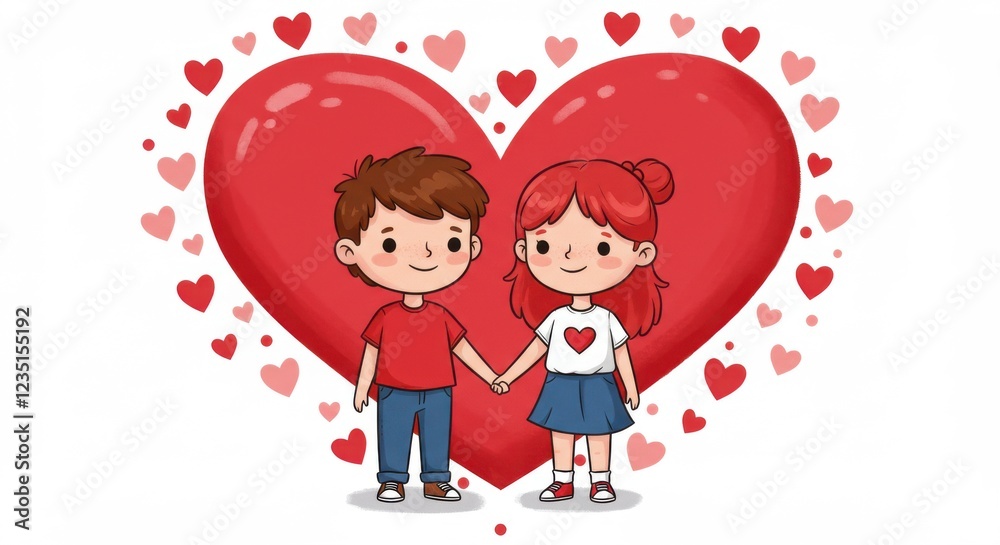A cartoon illustration two young children holding hands in front of a large red heart the background is filled with small pink hearts creating a romantic atmosphere young love valentine's day A cartoon illustration two young children holding hands in front of a large red heart the background is filled with small pink hearts creating a romantic atmosphere young love valentine's day